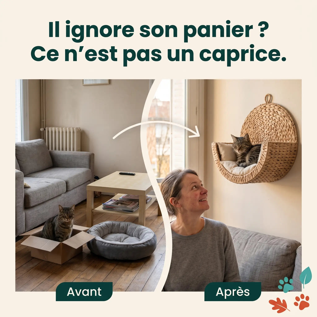 Avant et après l'installation du lit suspendu CozyWhiskers