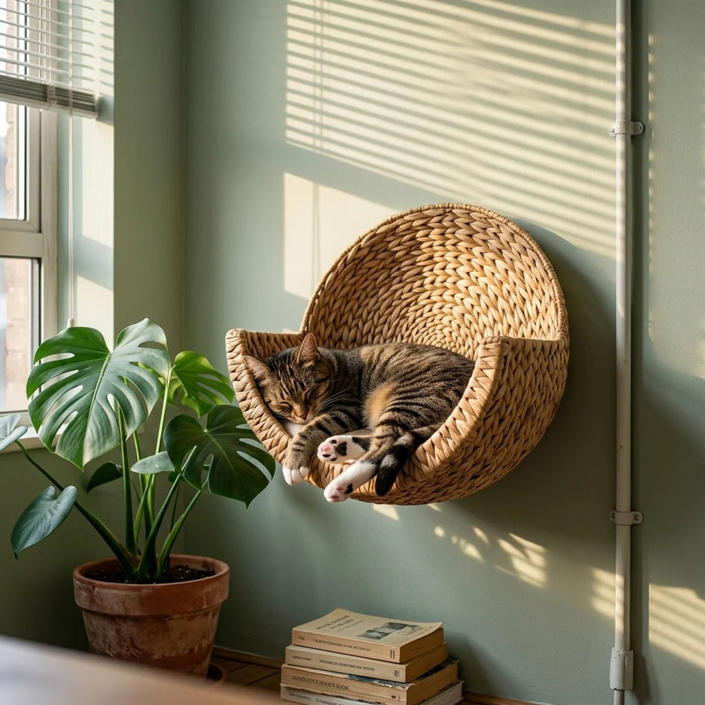 Chat endormi dans le lit suspendu CozyWhiskers en jacinthe d'eau tressée